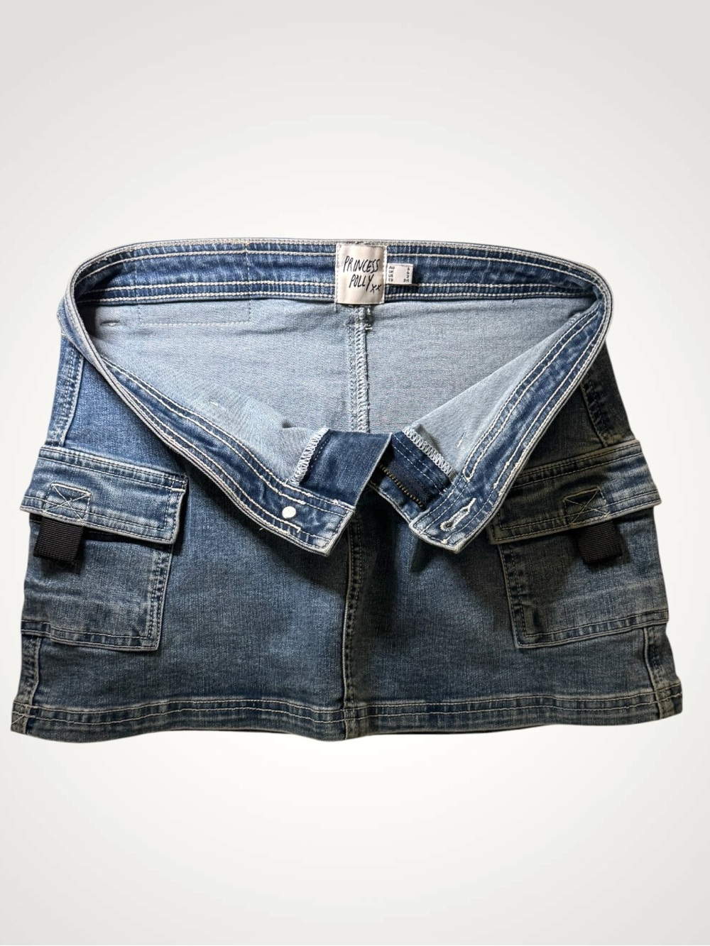 Princess Polly Denim Cargo Mini Skirt Blue Low Rise Utility Pocket Stretch Sz 2 - Picture 4 of 7